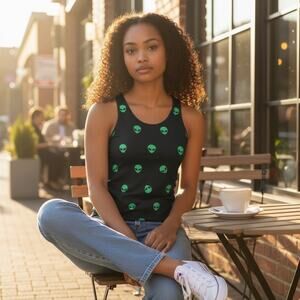 French Pastry Neon Green Alien Face Black tank S